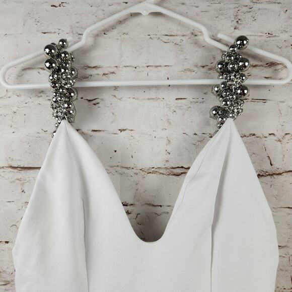 AREA Grape Cluster Dress in White Sleeveless Beaded Straps Medium Mini Deep V - Picture 5 of 14